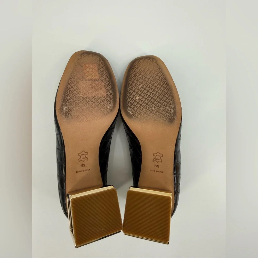 Tory Burch Jessa Black Croc Texture Square Toe Loafers Gold Architectural Heel